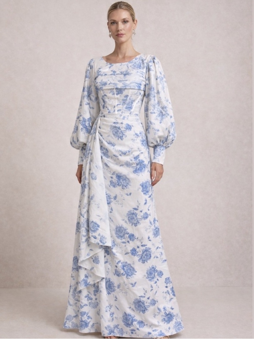 AW Bridal Gabriela Gown Dusty Blue Floral Maxi Dress Puff Sleeve Formal Size 4